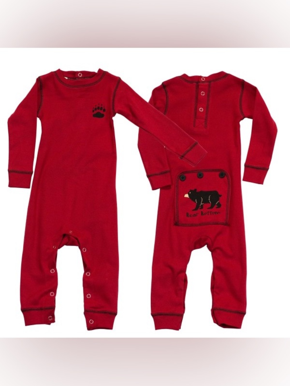 Lazy One Bear Bottoms red cotton baby onesie with black bear graphic Flap Jack